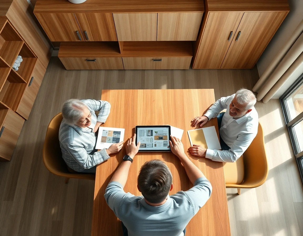 Bird’s eye view of older couple consulting diy kitchen designer with samples on wooden table