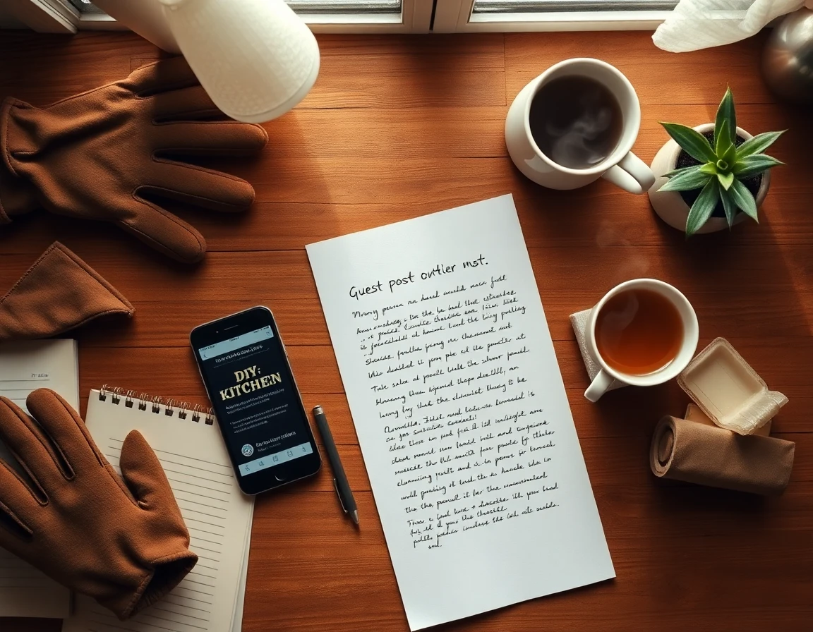Bird’s eye view of guest post notes, smartphone, and tea on rustic wooden desk in natural light
