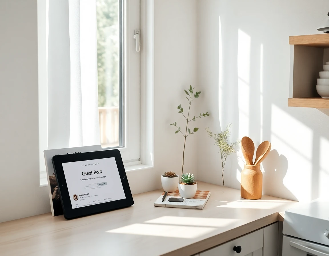 Bright kitchen nook with tablet showing guest post submission and home improvement magazines