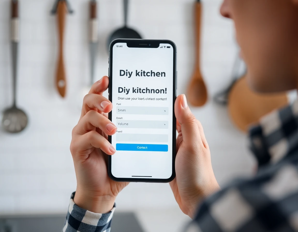 Close-up of hands holding smartphone with contact form in kitchen setting, soft diffused lighting