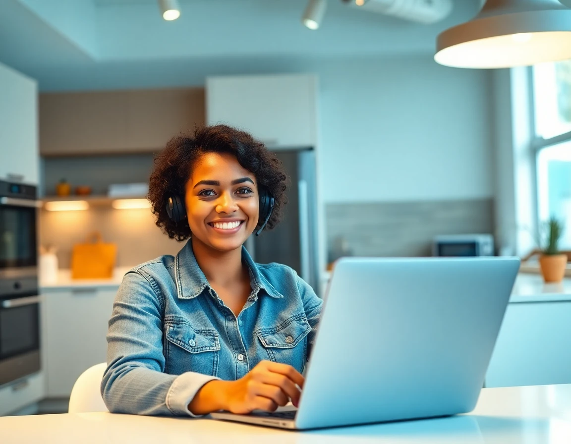 Smiling female customer service rep with headset in diy kitchen showroom, studio lighting
