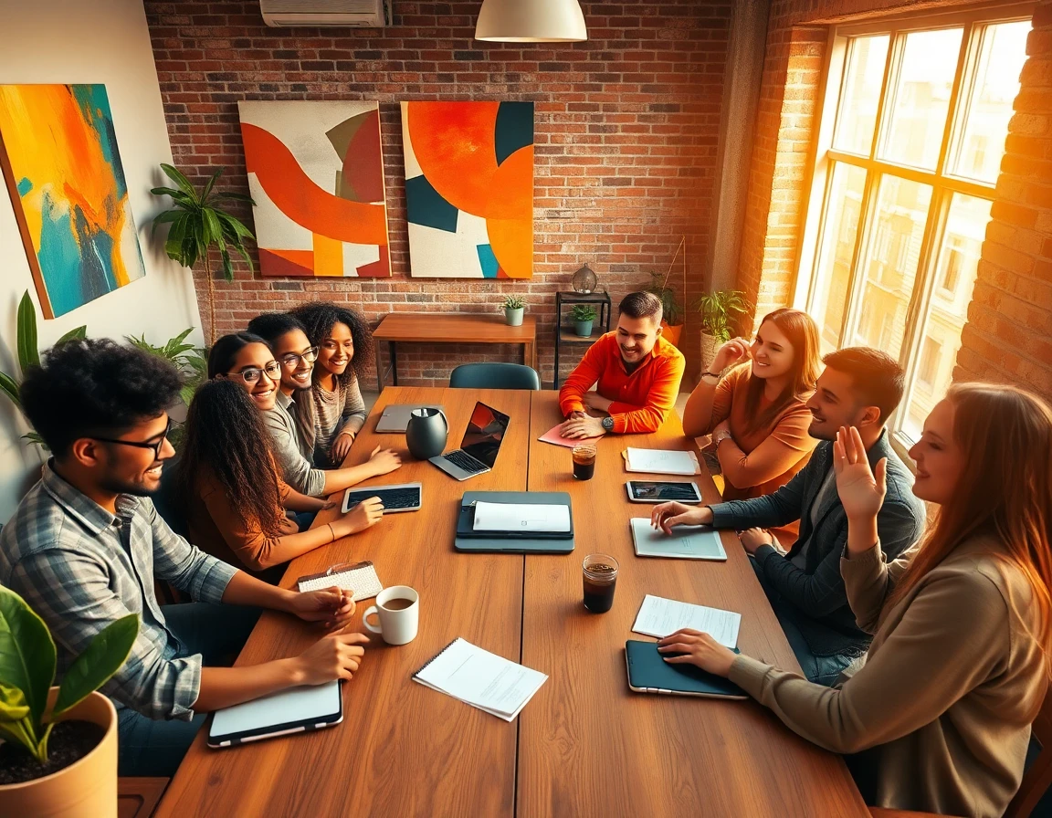 Multi-ethnic young entrepreneurs brainstorming in sunlit cozy coworking space with gadgets