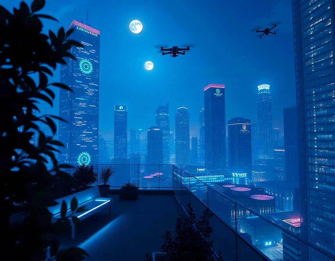 Serene futuristic nighttime cityscape with illuminated skyscrapers and rooftop garden