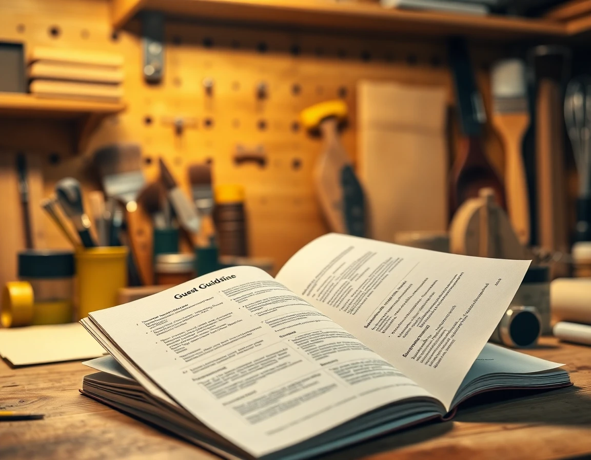 Macro of guest post guideline booklet beside DIY kitchen tools on wooden workbench