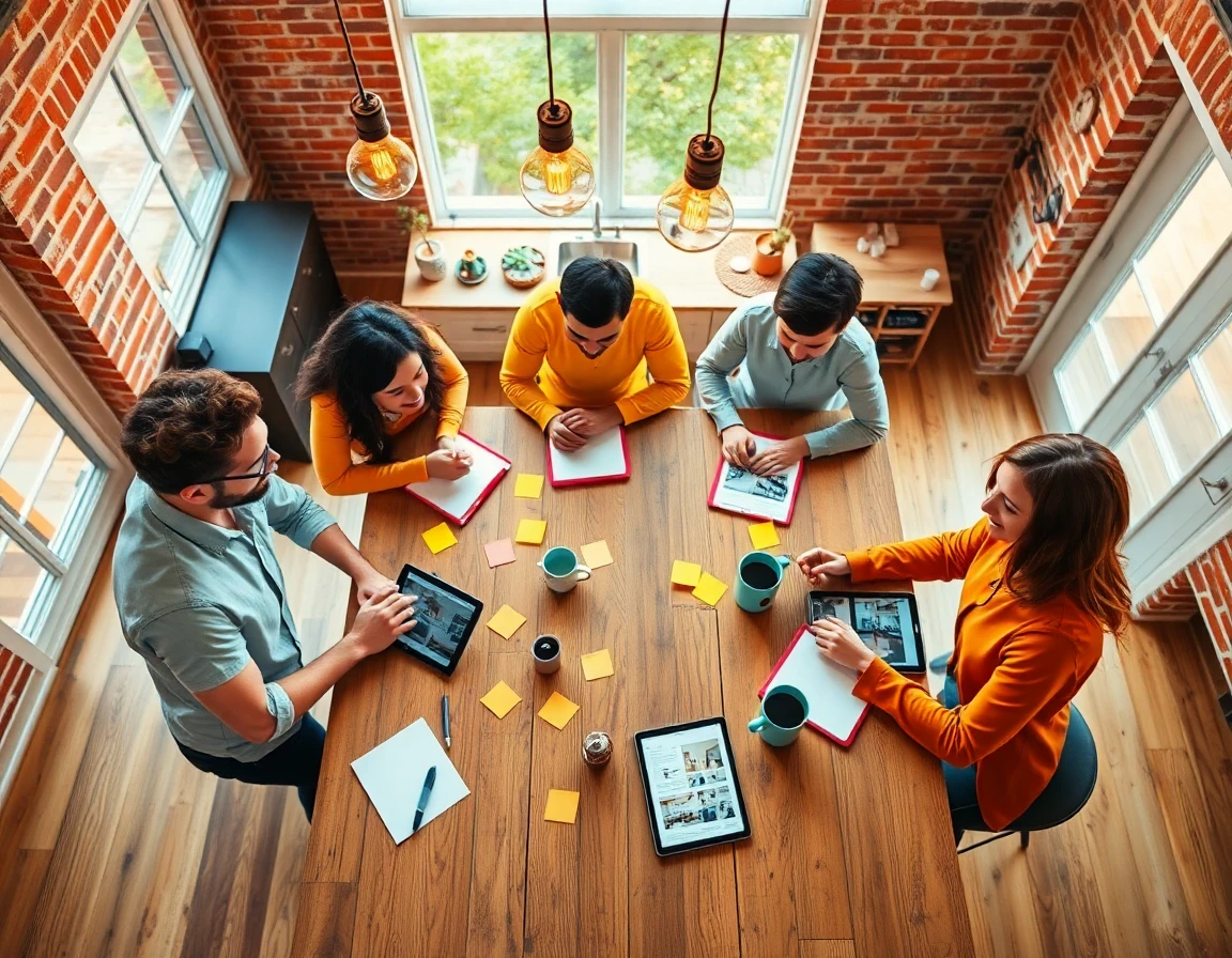 Bird's eye view of diverse team brainstorming guest post ideas around rustic kitchen island
