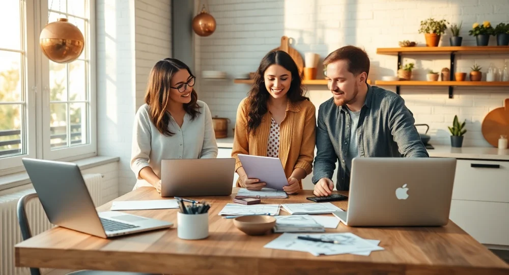 Modern kitchen workspace with diverse professionals collaborating on DIY kitchen guest post guidelines