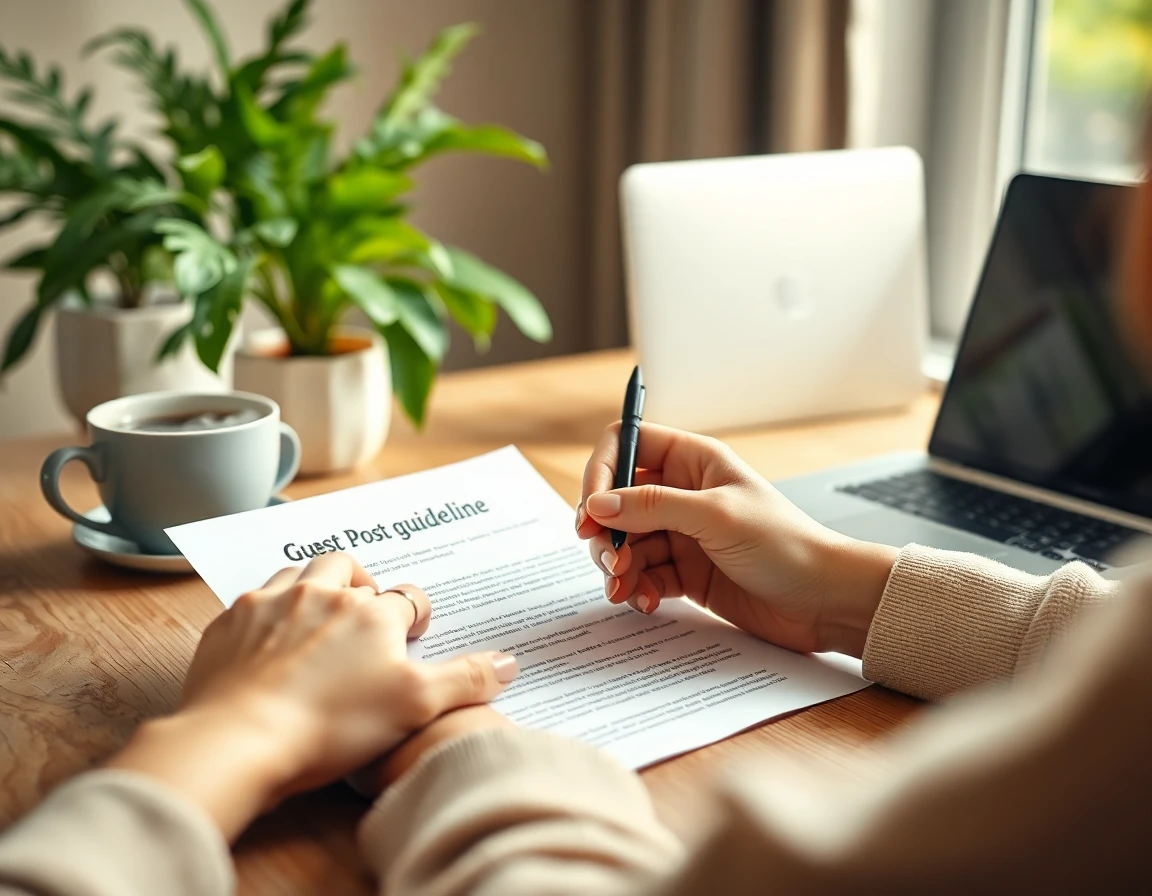Close-up of woman’s hands editing guest post guidelines document at cozy home office desk