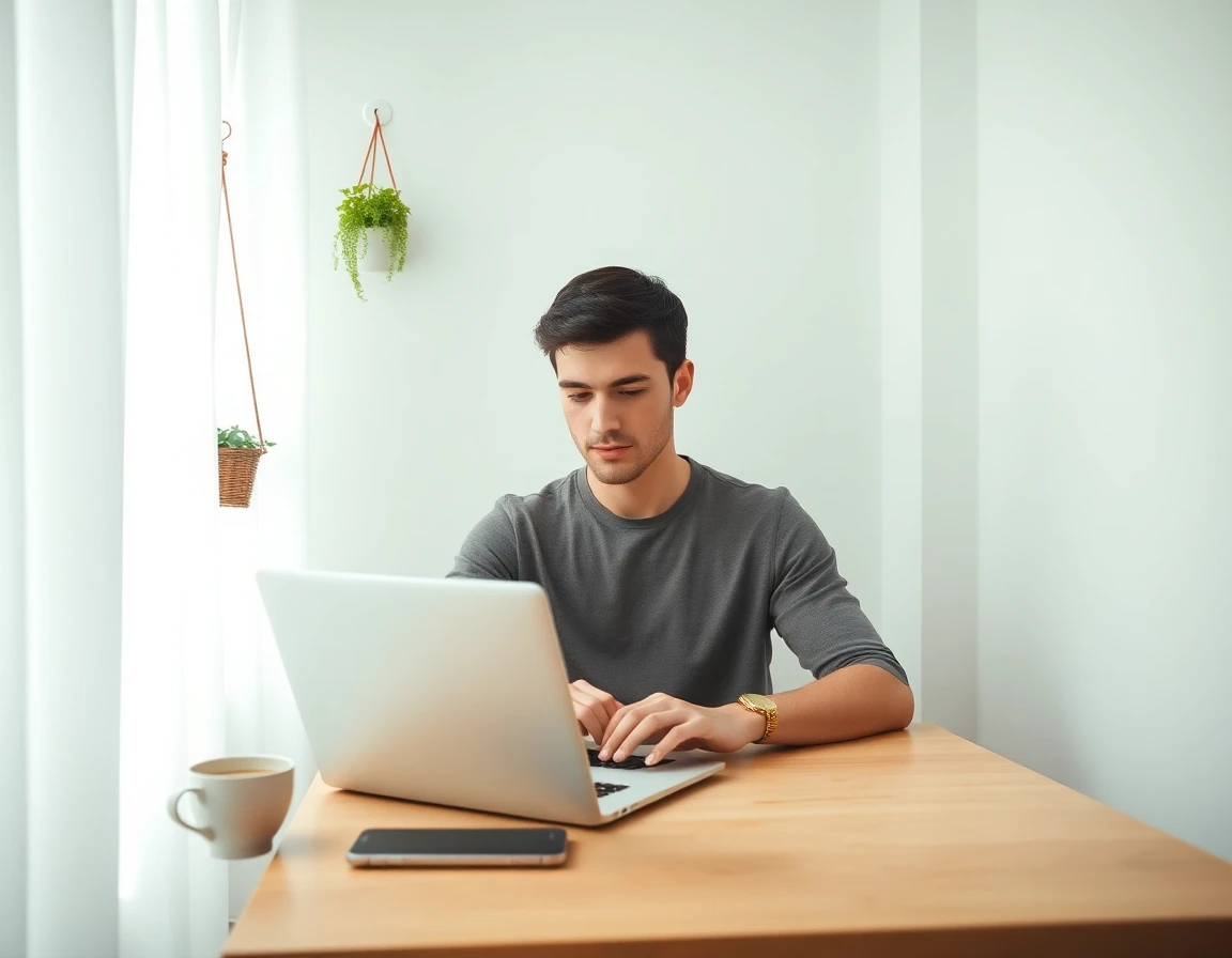 Young man typing on laptop in minimalist kitchen nook with soft morning light