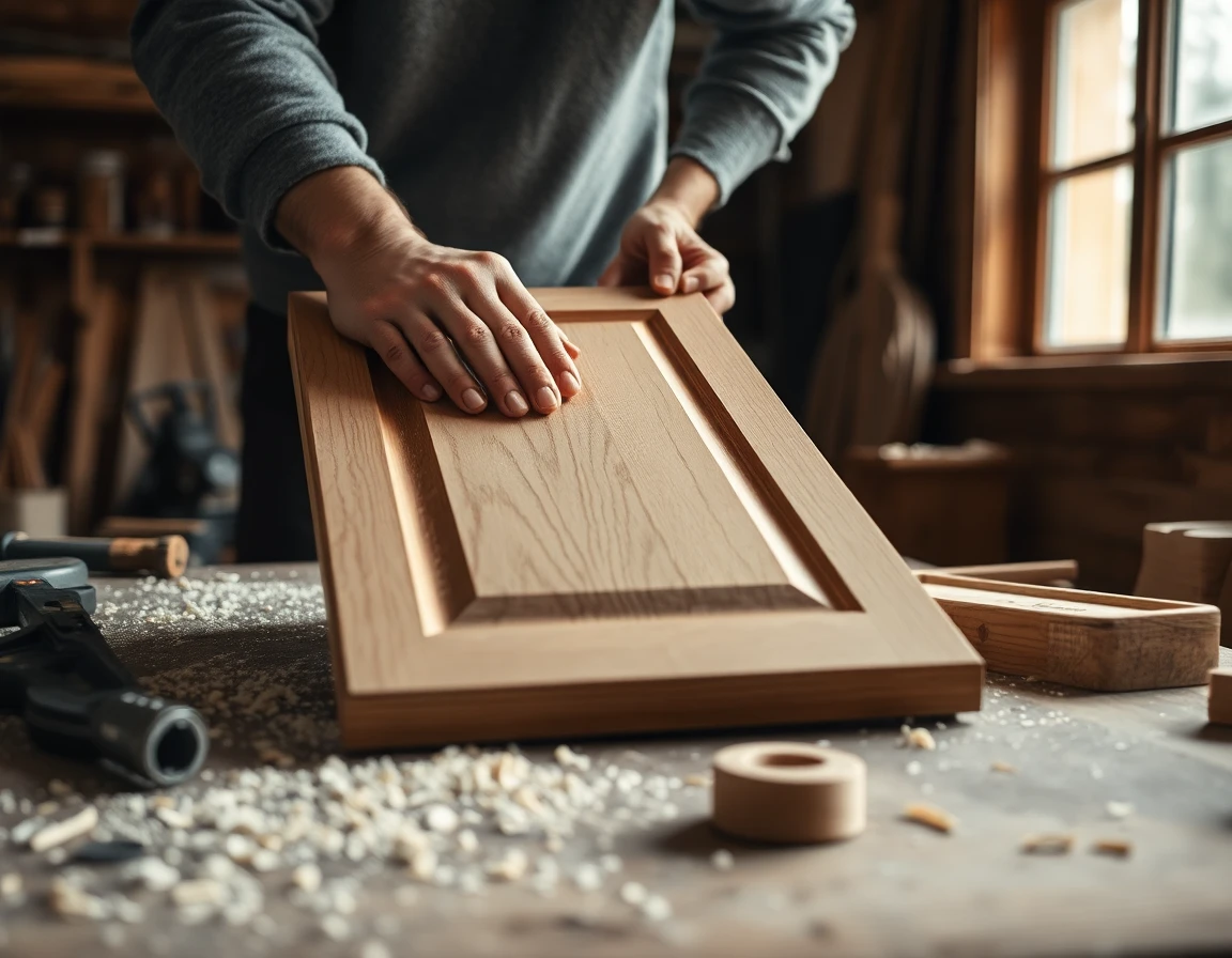 Close-up of hands sanding a wooden kitchen cabinet door on rustic workbench with tools