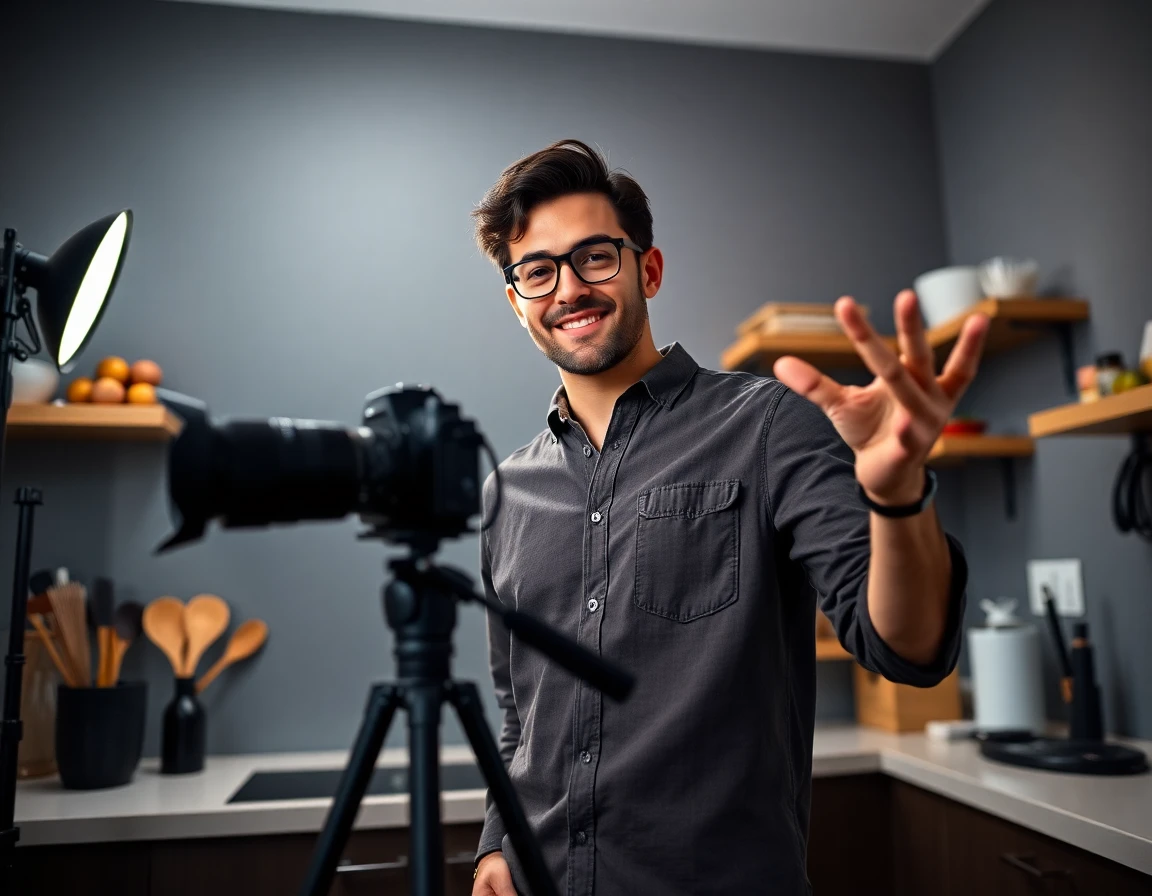Young man demonstrating DIY kitchen project with professional lighting for guest post content