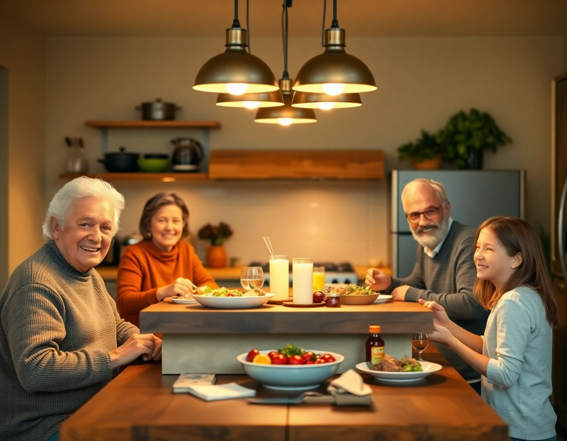 Multigenerational family enjoying meal together around DIY kitchen island at twilight with warm lighting