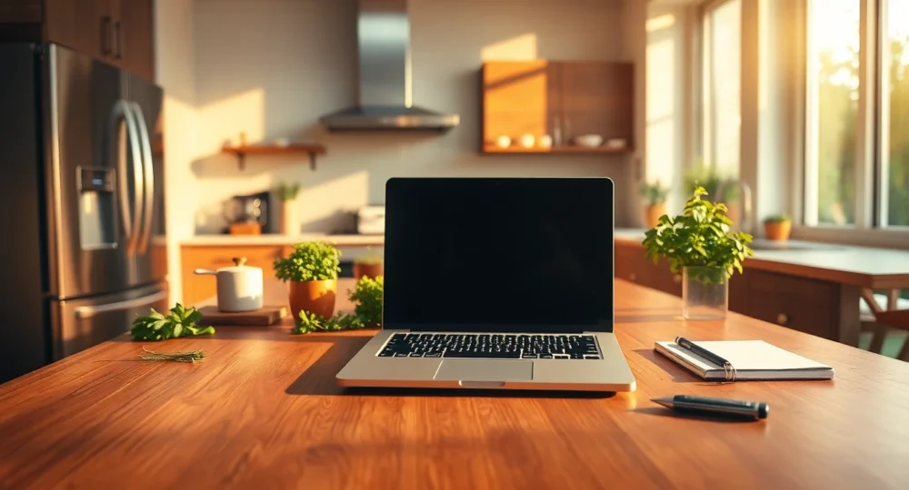 Modern kitchen workspace with laptop and fresh herbs for submit guest post on home improvement