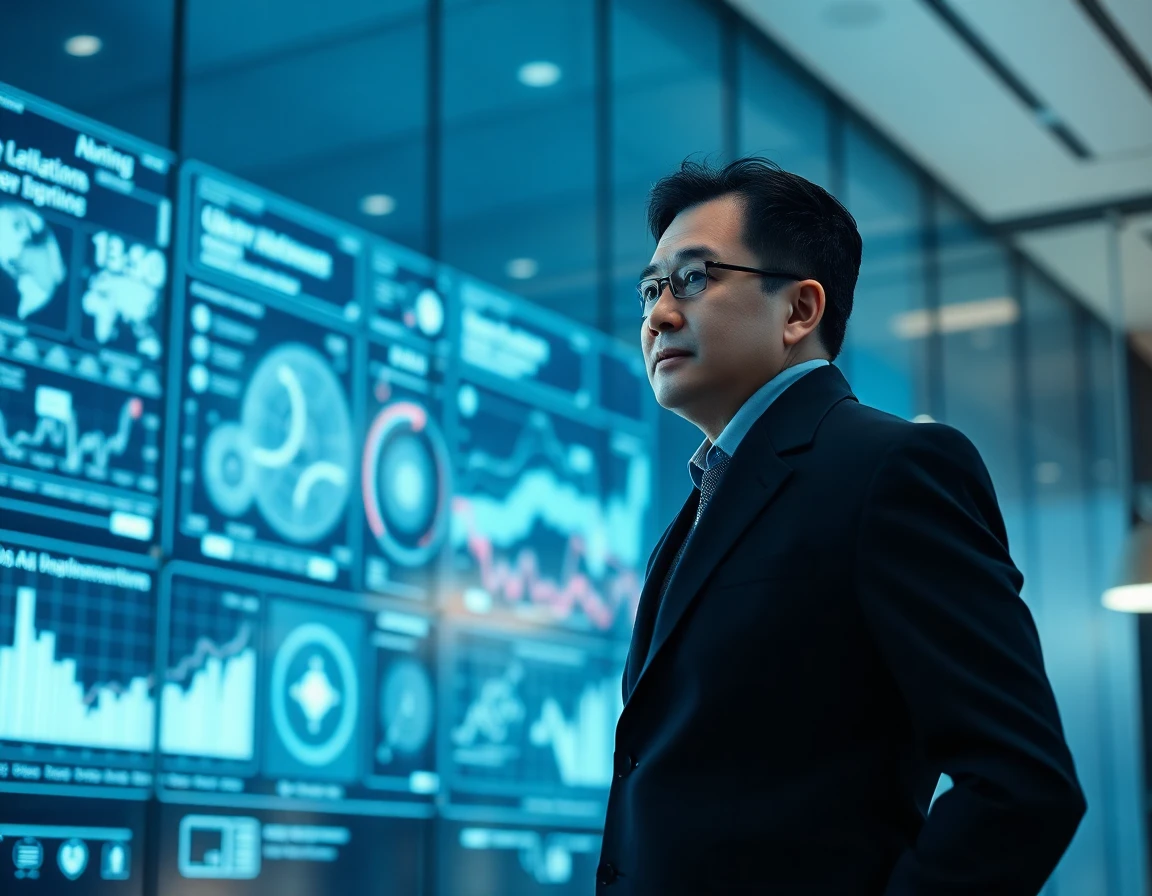 Middle-aged Asian male tech strategist beside digital touchscreen in modern conference room