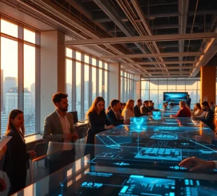 Futuristic tech innovation hub with diverse professionals and holographic interfaces at twilight