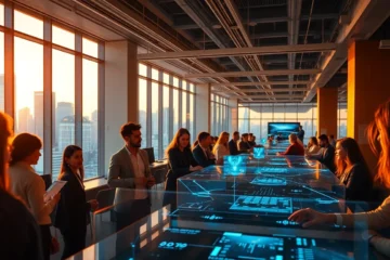Futuristic tech innovation hub with diverse professionals and holographic interfaces at twilight