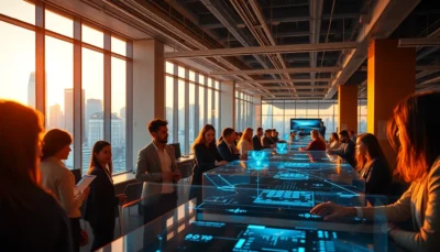 Futuristic tech innovation hub with diverse professionals and holographic interfaces at twilight