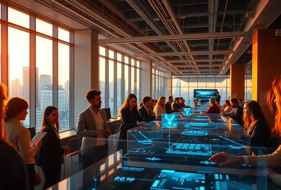 Futuristic tech innovation hub with diverse professionals and holographic interfaces at twilight