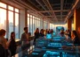 Futuristic tech innovation hub with diverse professionals and holographic interfaces at twilight