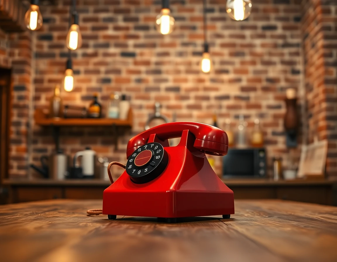 Low angle close-up of vintage red rotary phone on rustic kitchen island with warm Edison bulb lighting