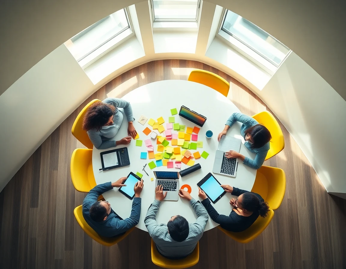 Bird's-eye view of multicultural team brainstorming with Voozon tech in bright conference room