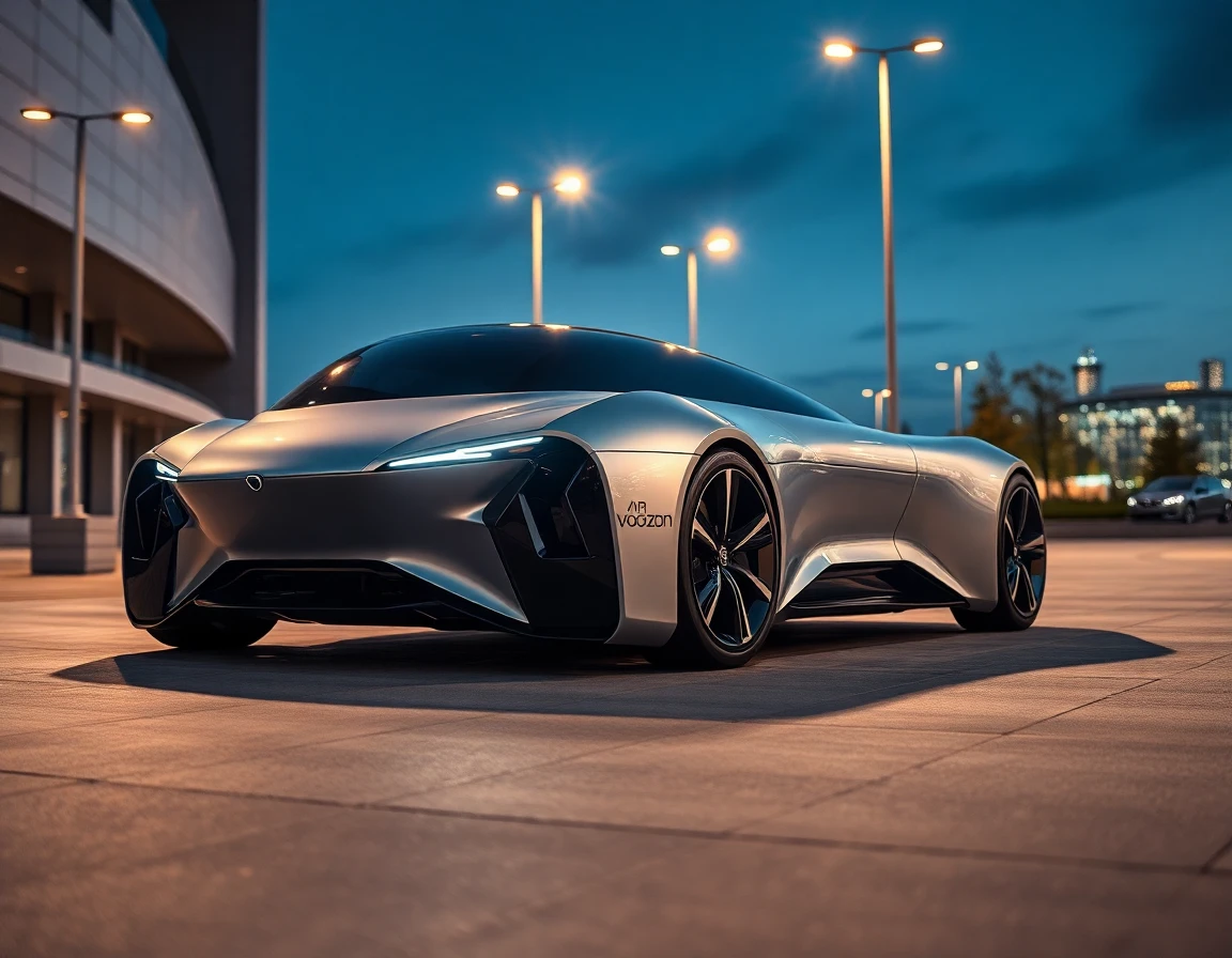 Low-angle view of sleek Voozon electric car prototype in urban plaza with dramatic dusk lighting