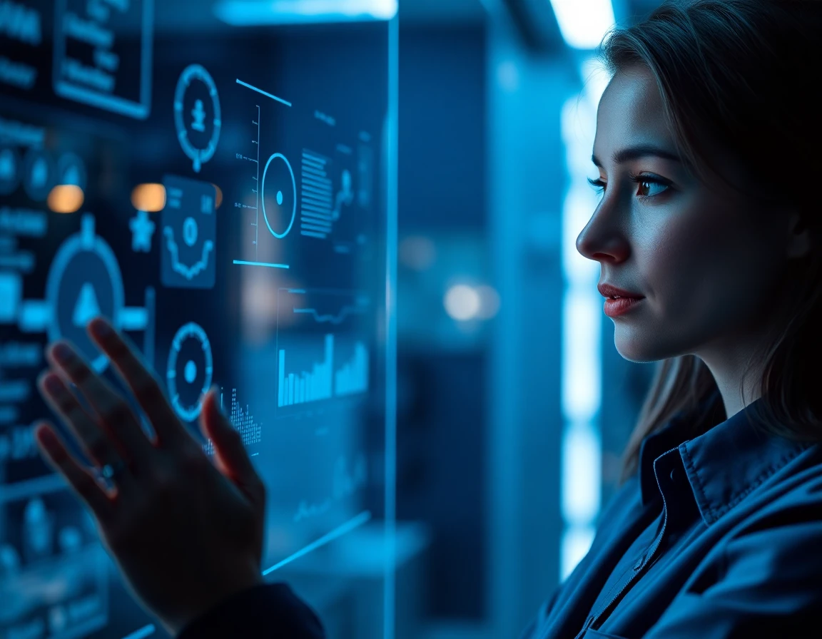 Confident female engineer analyzing transparent touchscreen with Voozon data in high-tech lab