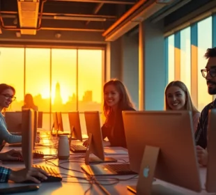 Diverse young professionals collaborating in modern tech hub office with city skyline at golden hour