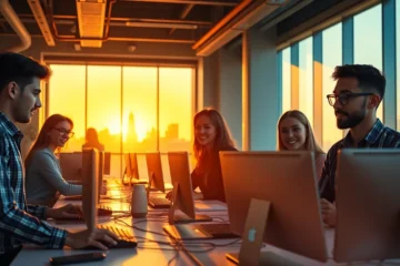 Diverse young professionals collaborating in modern tech hub office with city skyline at golden hour
