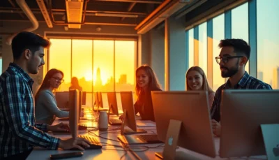 Diverse young professionals collaborating in modern tech hub office with city skyline at golden hour