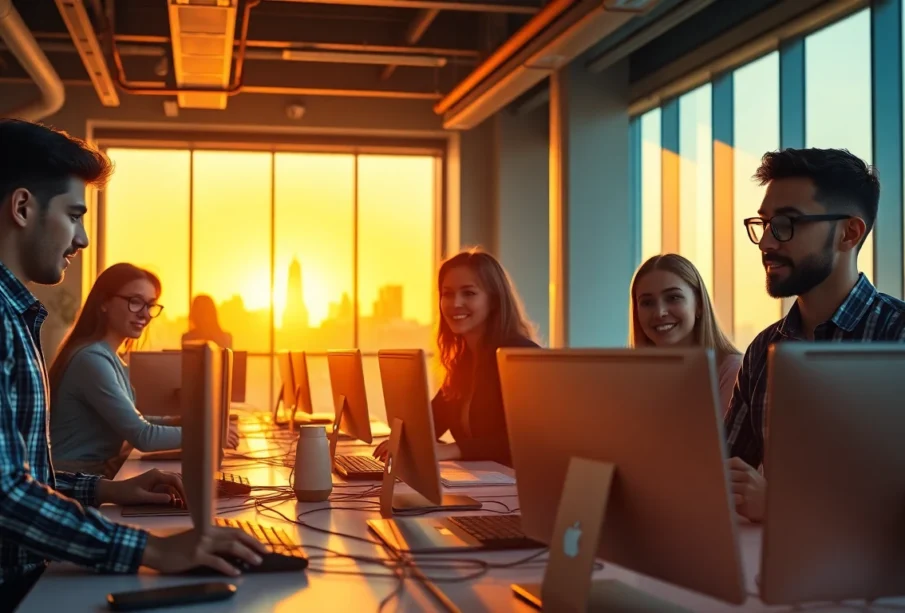 Diverse young professionals collaborating in modern tech hub office with city skyline at golden hour