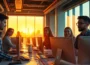 Diverse young professionals collaborating in modern tech hub office with city skyline at golden hour