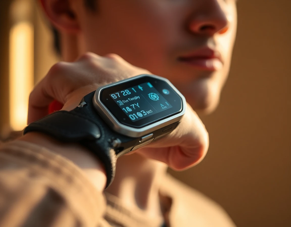 Macro shot of futuristic Voozon wearable device on young man's wrist with detailed digital display