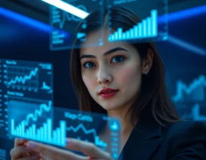Young female financial analyst focused on transparent digital wage data screens in dark office