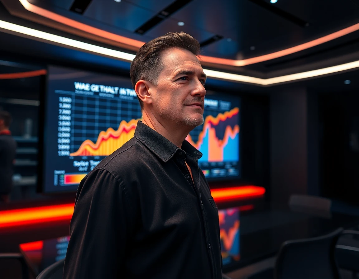 Confident businessman stands by vibrant wage growth heatmap in futuristic conference room