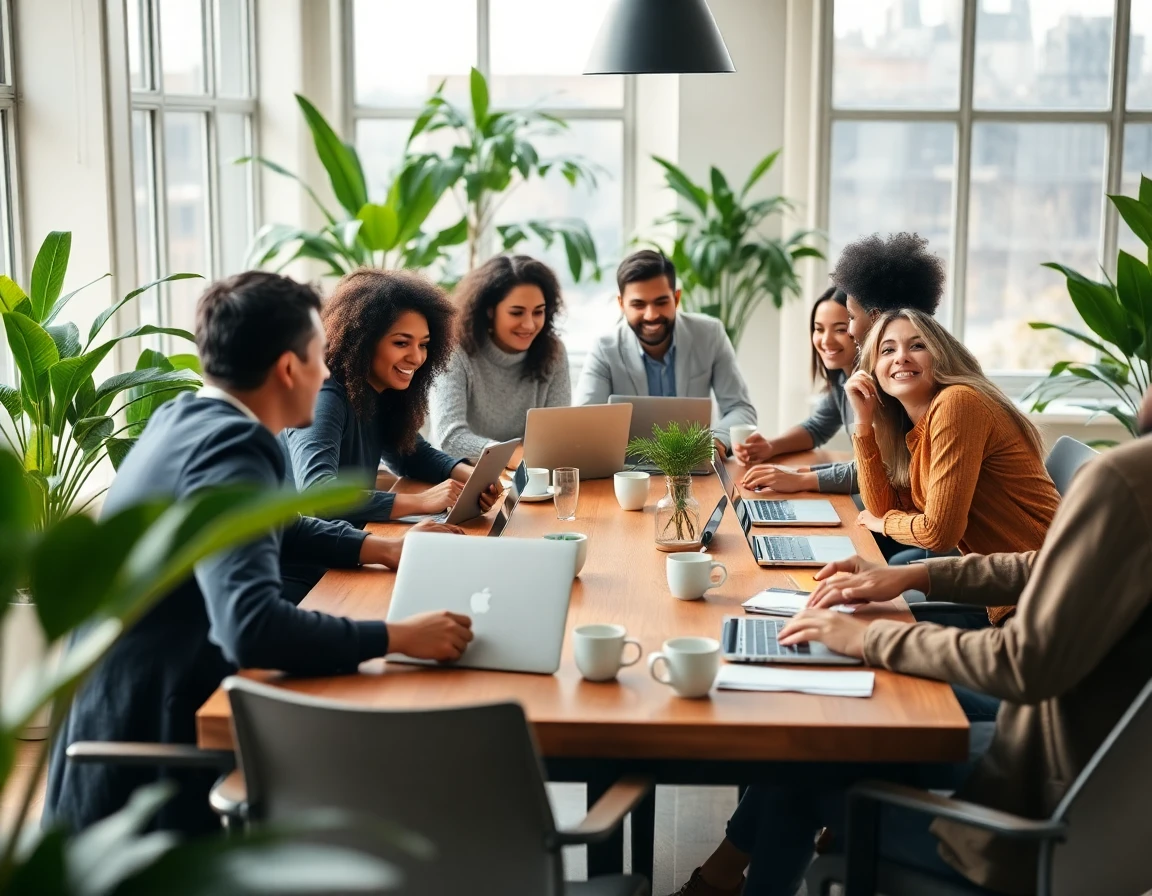 Diverse team collaborating energetically around table in bright modern coworking space