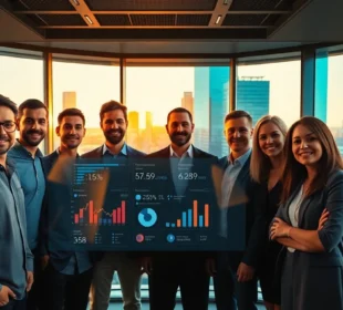 Diverse professionals collaborating around digital wage analytics dashboard in modern office at golden hour