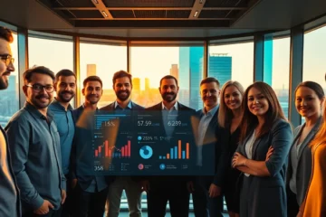 Diverse professionals collaborating around digital wage analytics dashboard in modern office at golden hour