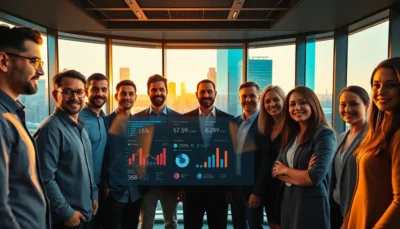 Diverse professionals collaborating around digital wage analytics dashboard in modern office at golden hour