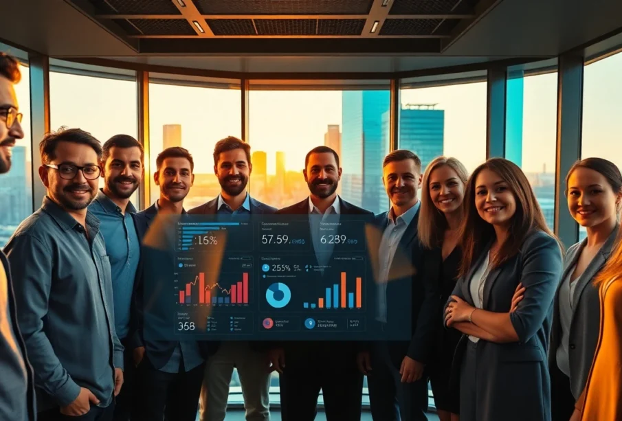 Diverse professionals collaborating around digital wage analytics dashboard in modern office at golden hour