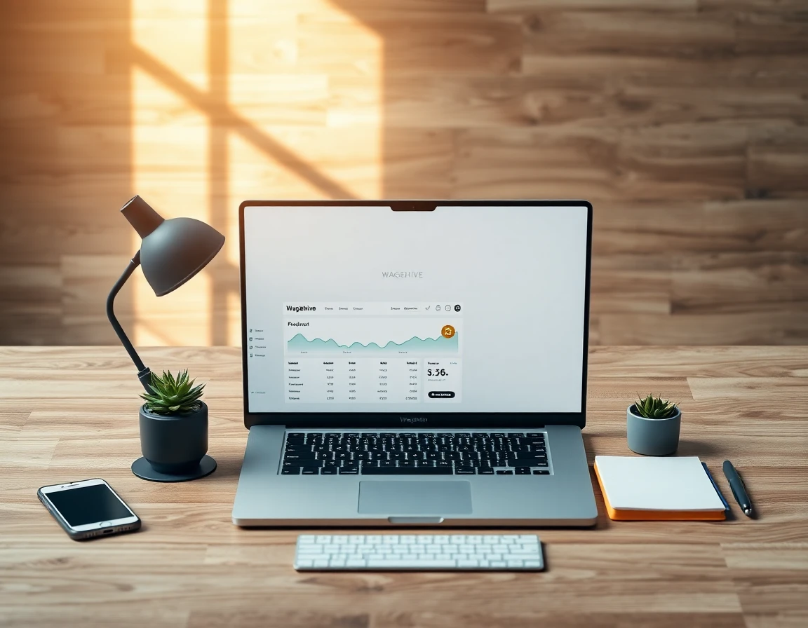 Bird's eye view of laptop showing Wagehive dashboard on wooden desk with tech and plant