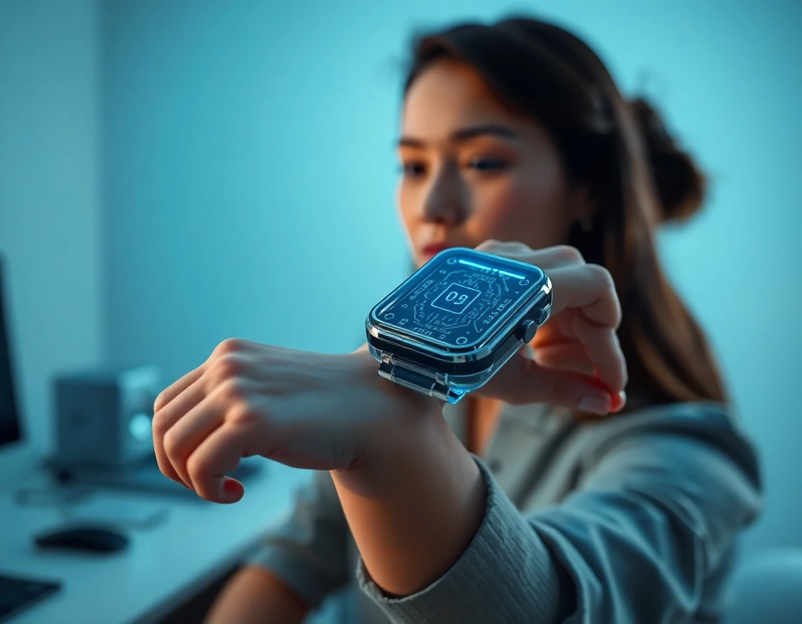 Close-up of sleek transparent wearable tech device on young woman's wrist in minimalist workspace