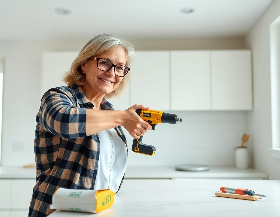 Middle-aged woman using cordless drill installing kitchen backsplash tile in modern bright kitchen
