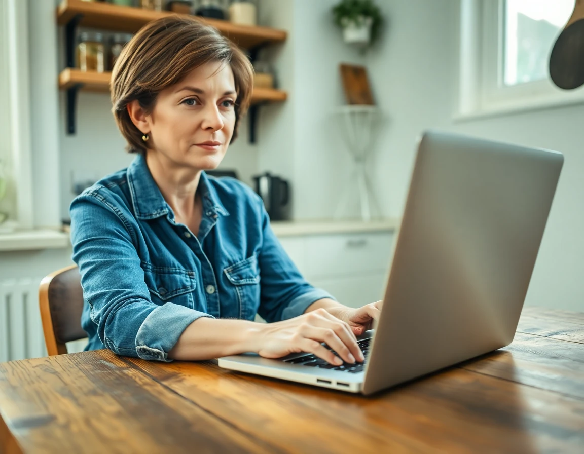 Woman typing guest post submission on laptop in cozy kitchen corner with soft natural light