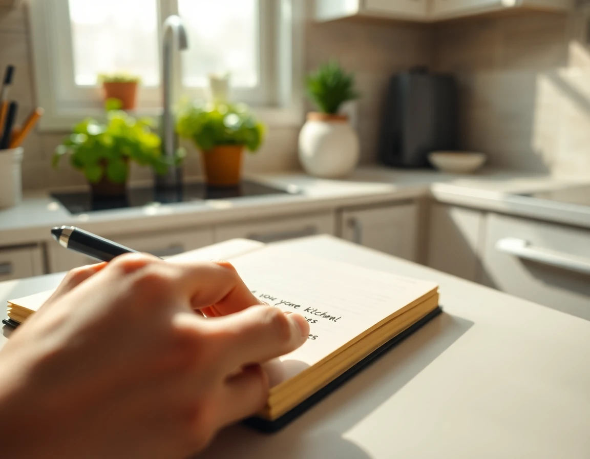 Close-up of hand writing in notebook on bright kitchen countertop with potted herbs