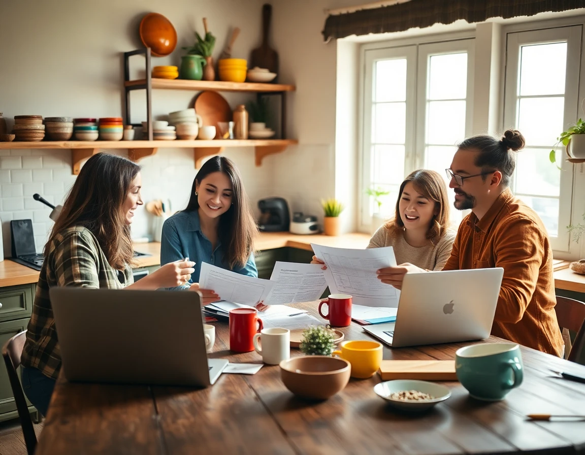 Group of adults collaborating on writing drafts around rustic kitchen table in natural light