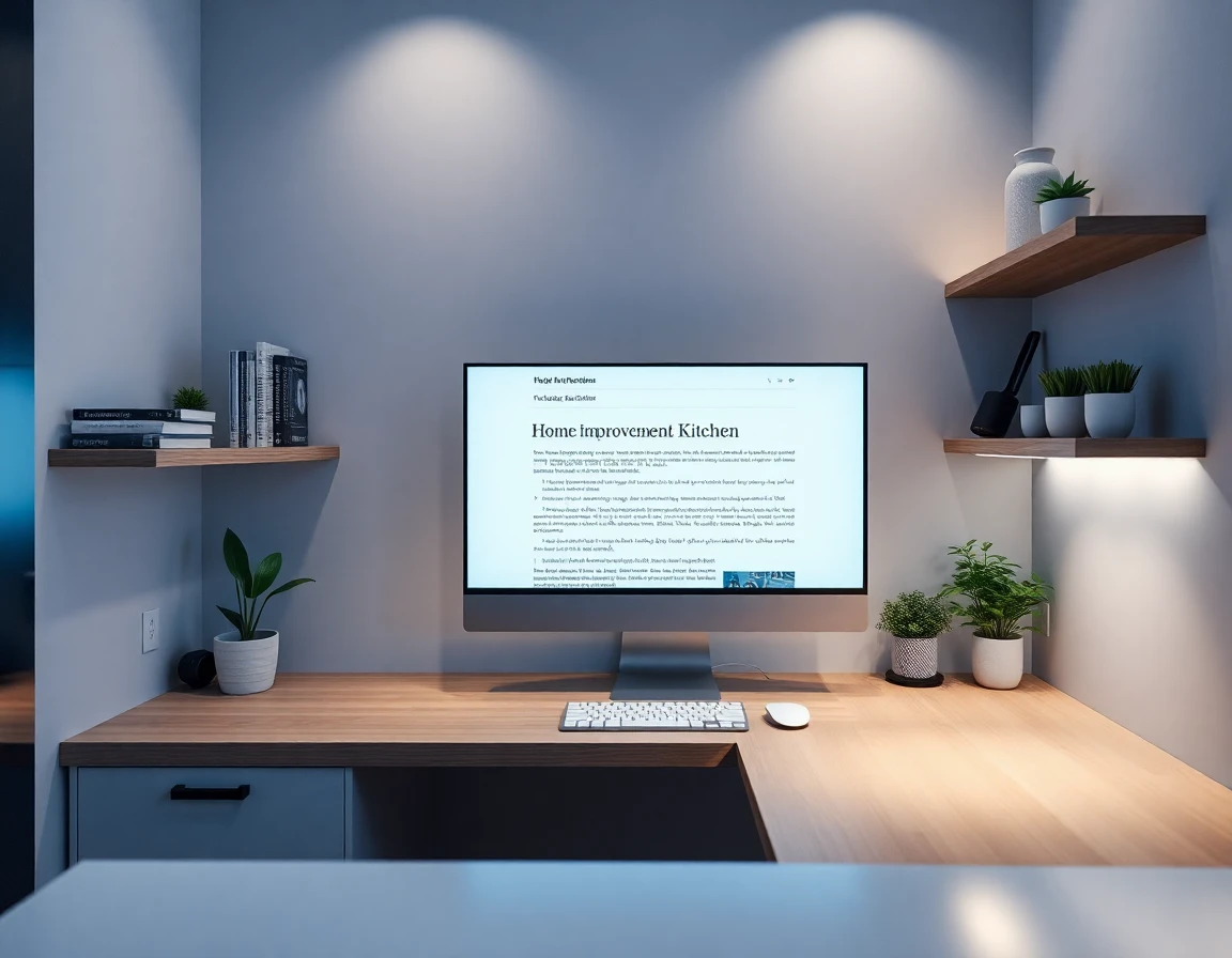 Modern kitchen home office nook with monitor displaying article draft during blue hour
