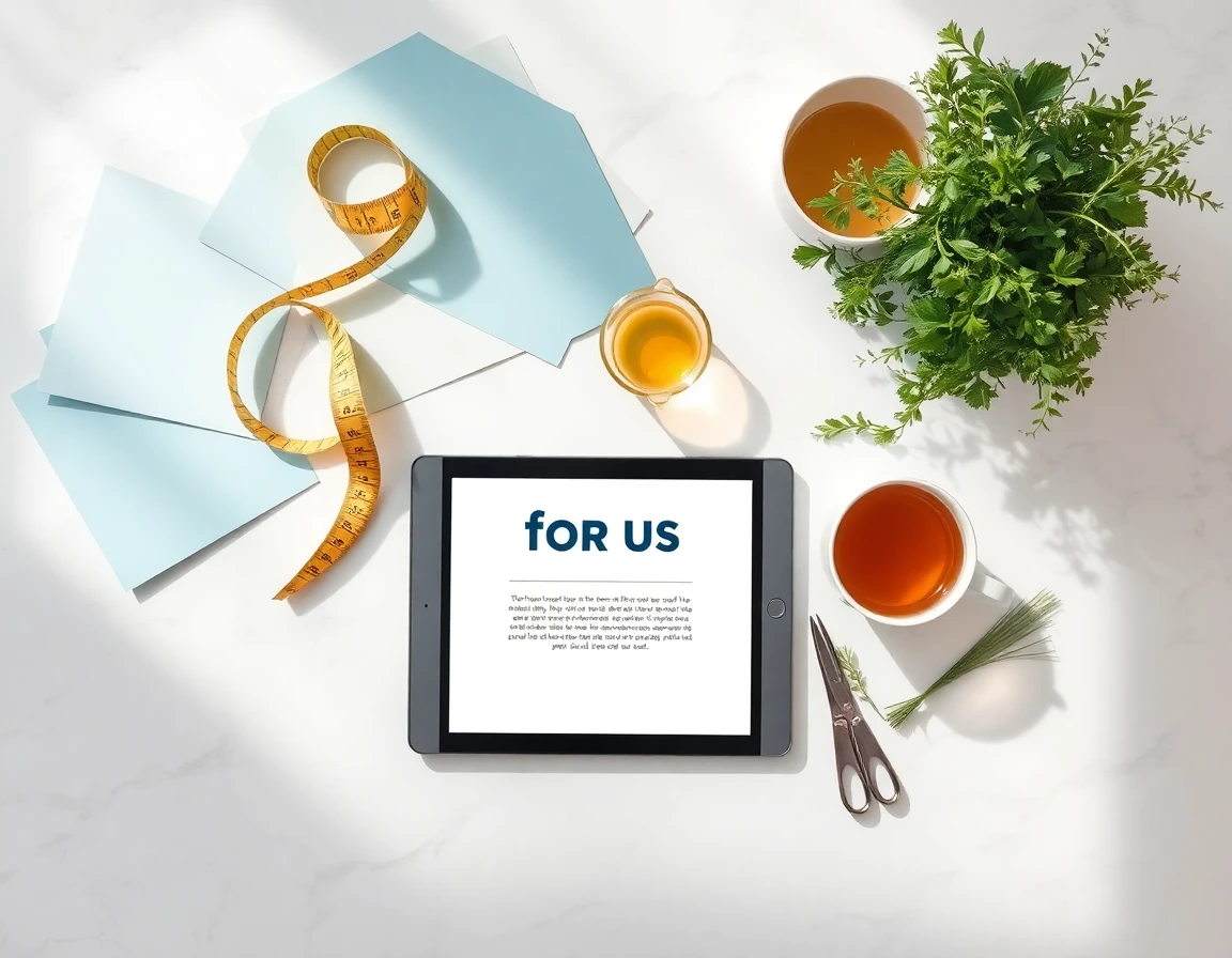Overhead flat lay of kitchen island with home improvement tools, tablet, and fresh herbs