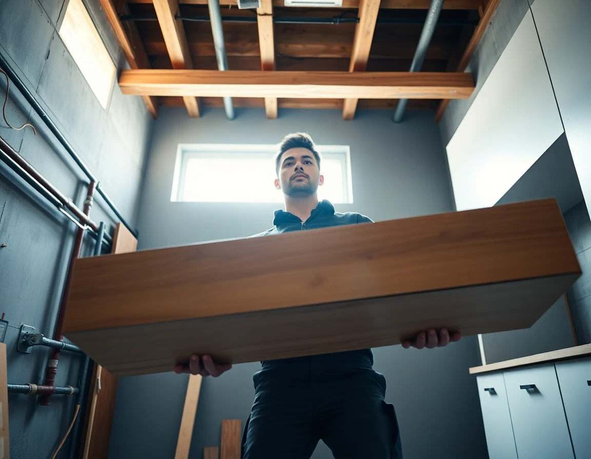 Low-angle view of young man installing wooden countertop in modern kitchen under construction