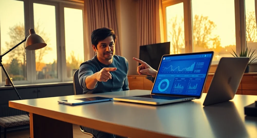 Professional home office scene with person explaining affiliate disclosure for website banner