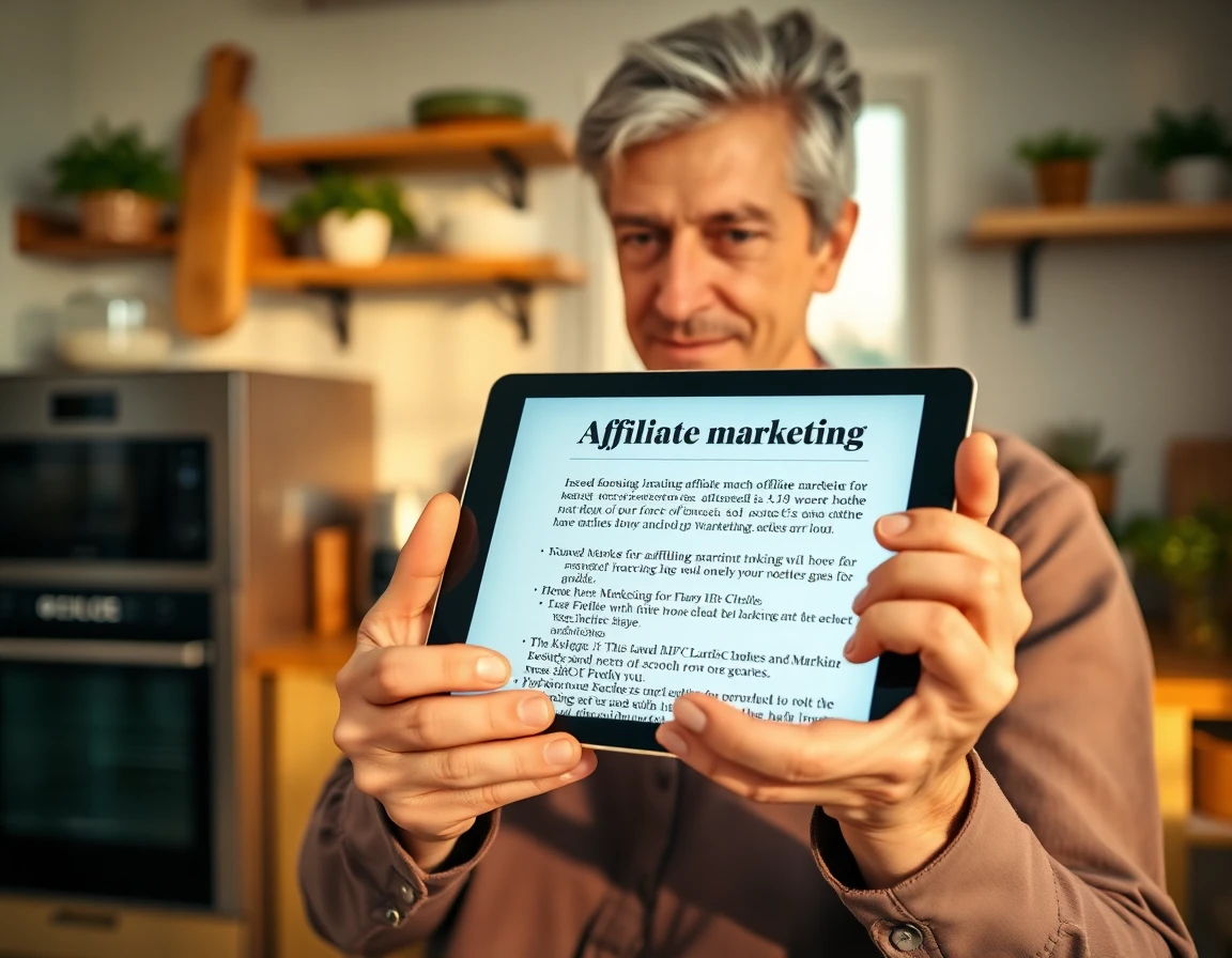 Person holding tablet with affiliate marketing article in cozy home kitchen